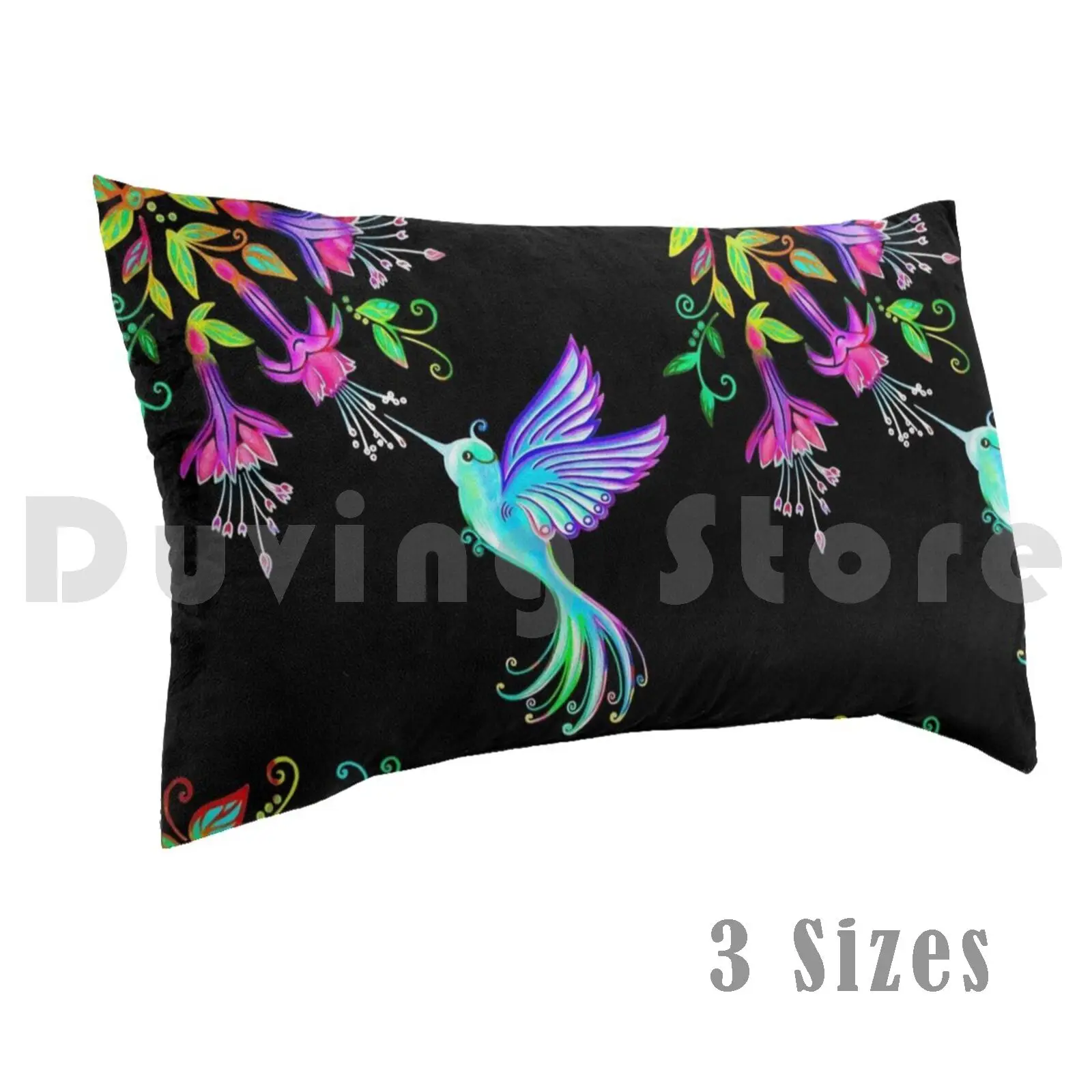 Hummingbird With Flowers , Rainforest Blossoms , Fuchsia Pillow Case Printed 35x50 Hummingbird Bird Animal Flower