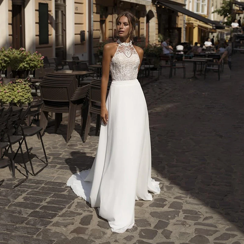 

Trumpet/Mermaid Sexy High Split Dresses Halter Neckline Sleeveless Floor Length Wedding Dresses Chiffon Open Back Bridal Gowns