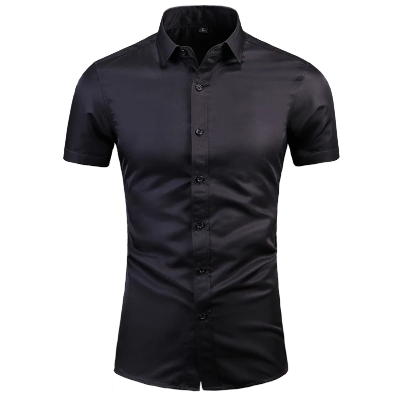 Anti-Wrinkle No-Ironing Elasticity Slim Fit Men Dress Casual Short Sleeve Shirt White Black Blue Red Male Social Formal Shirts