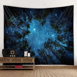 Tapiz de bosque colgante de pared, tapiz de tela psicodélico de árboles y estrellas, decoración del hogar, cubierta de mesa de poliéster, tapiz de noche de bosque