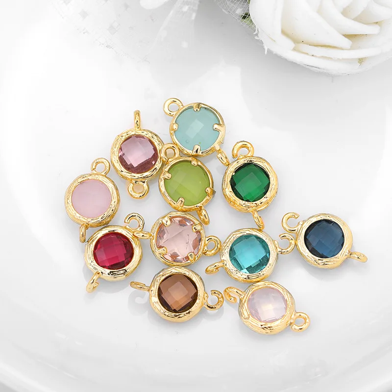 (1695)4PCS 8x12MM 24K Gold Color Brass with Round Colourful Glass Beads 2 holes Connect Charms Hight Quality Jewelry Accessories