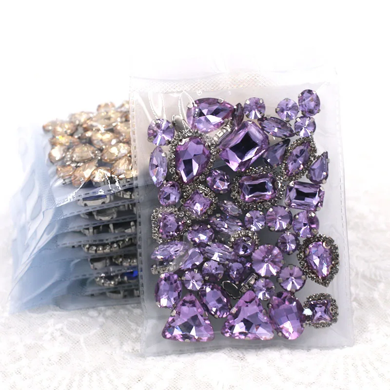 50pcs/Bag Crystal Viole Mixed Shape Sew on Glass Rhinestone Silver Claw Crystal Buckle Diy Wedding Decoration Clothes/Shoe/Dress