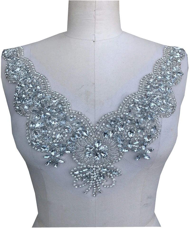 1Piece Vintage Popular Rhinestone Silver Crystal Bodice Applique for Wedding Dress High Quality