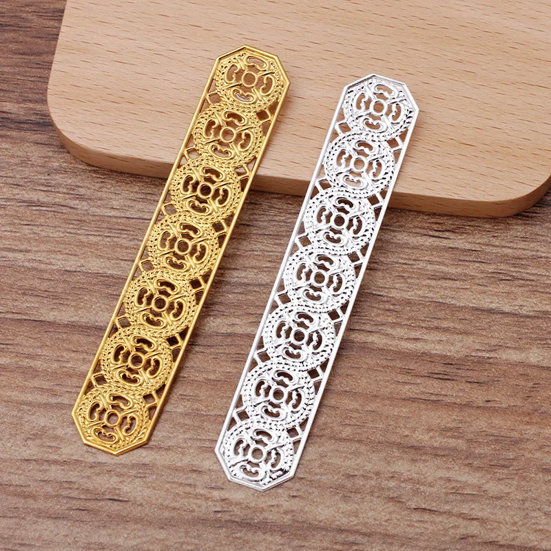 10pcs/lot 82x15mm Silver Color Copper Hollow Out Strip Flowers Filigree Wraps Connectors Charm Jewelry Making Components DIY