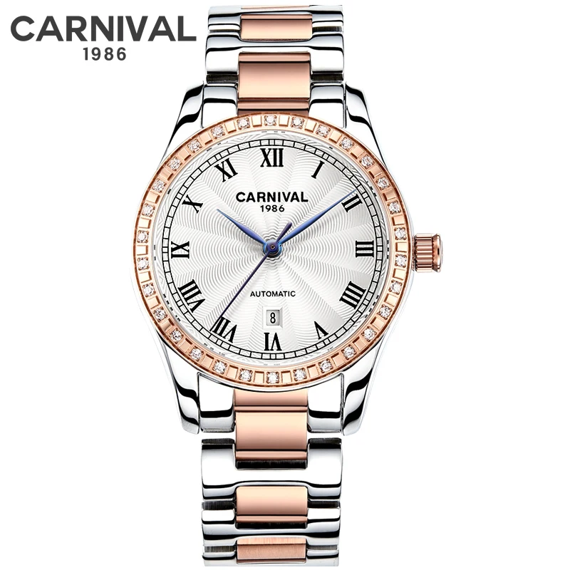 Karneval Marke Mode Frauen mechanische Uhr Luxus Edelstahl Armband wasserdichten Kalender Damen uhr Relogio Feminino