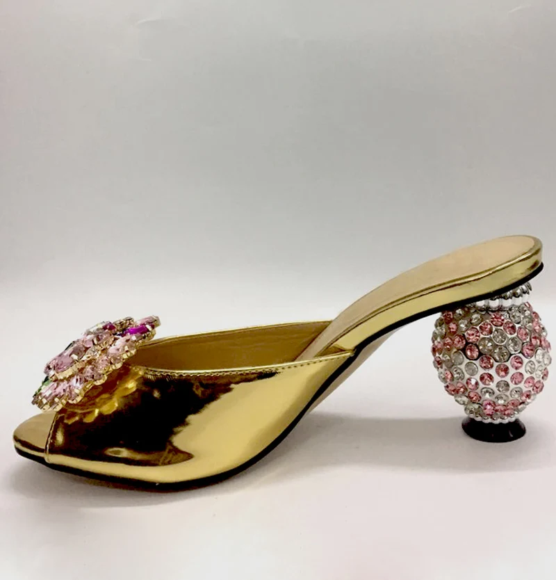 Summer Women Crystal Round Ball Heels Slippers Glitter Gemstone Flower Buckle Open Toe Gold Mirror Leather Crystal High Heels