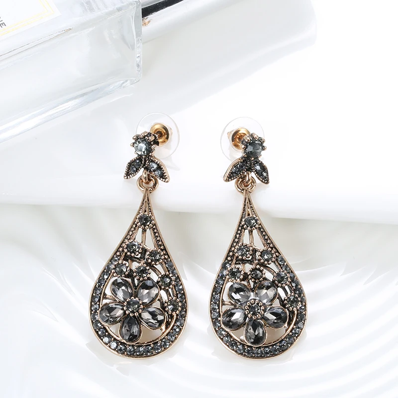 Wbmqda Vintage Crystal Flower Drop Earring For Women Ethnic Bride Jewelry Antique Gold Color Dangle Earring Arabesque Bijoux