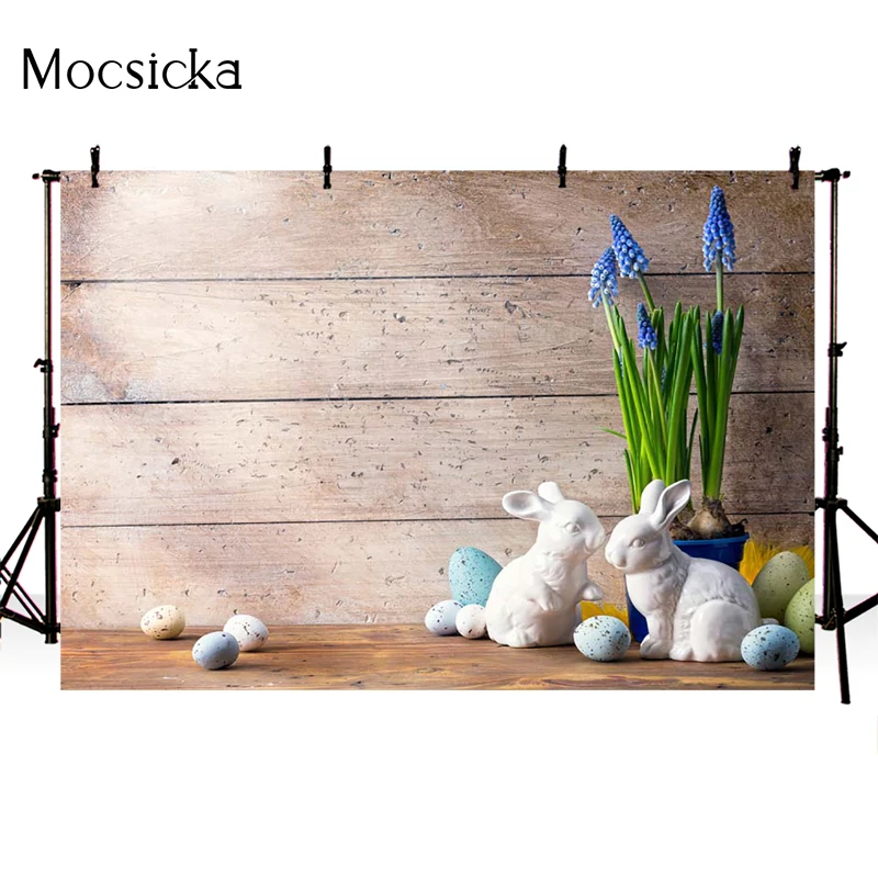 Mocsicka Easter Photography Background Bunny Potted Wood Plank Decoration Props Baby Shower Child Portrait Photo Backdrop Banner