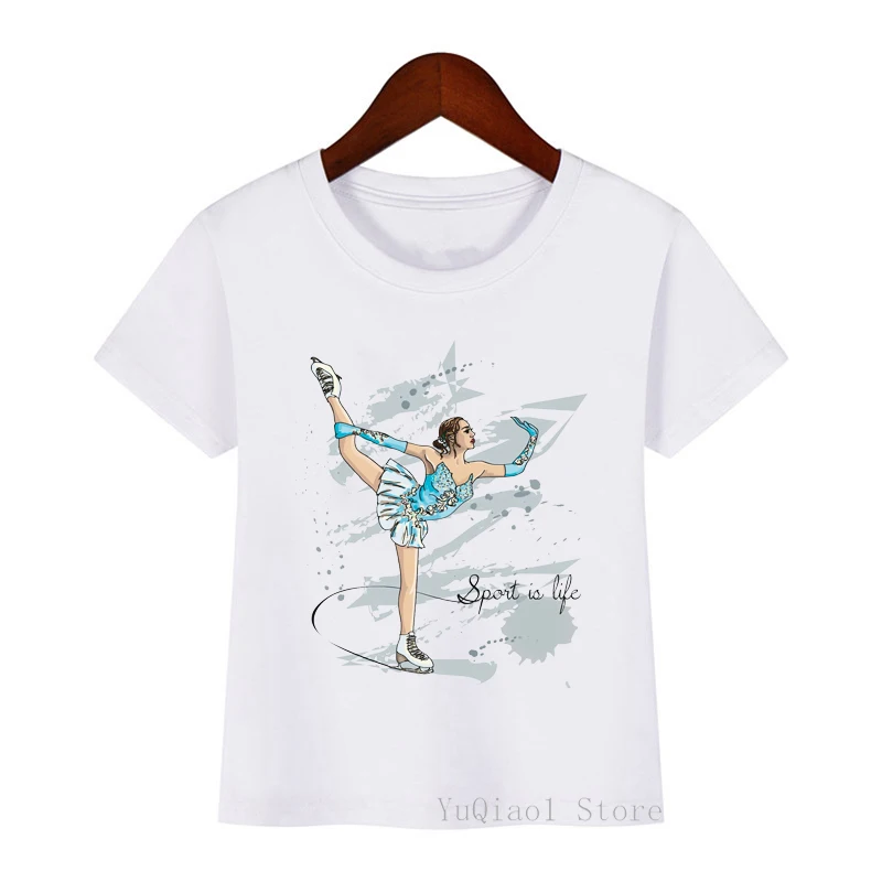 Watercolor Figure Skating Art Print Tshirt Boys Girls Class Clothes White T Shirt Kids Top Children\'S Clothing From 3 To 13 Year