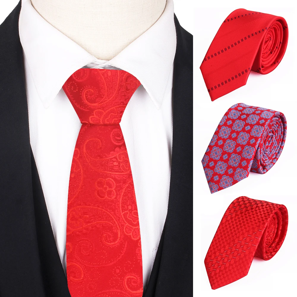 Skinny Red Necktie Jacquard Woven Classic Ties For Men Women Fashion Slim Paisley Men Tie Groom Neck Tie For Party Wedding