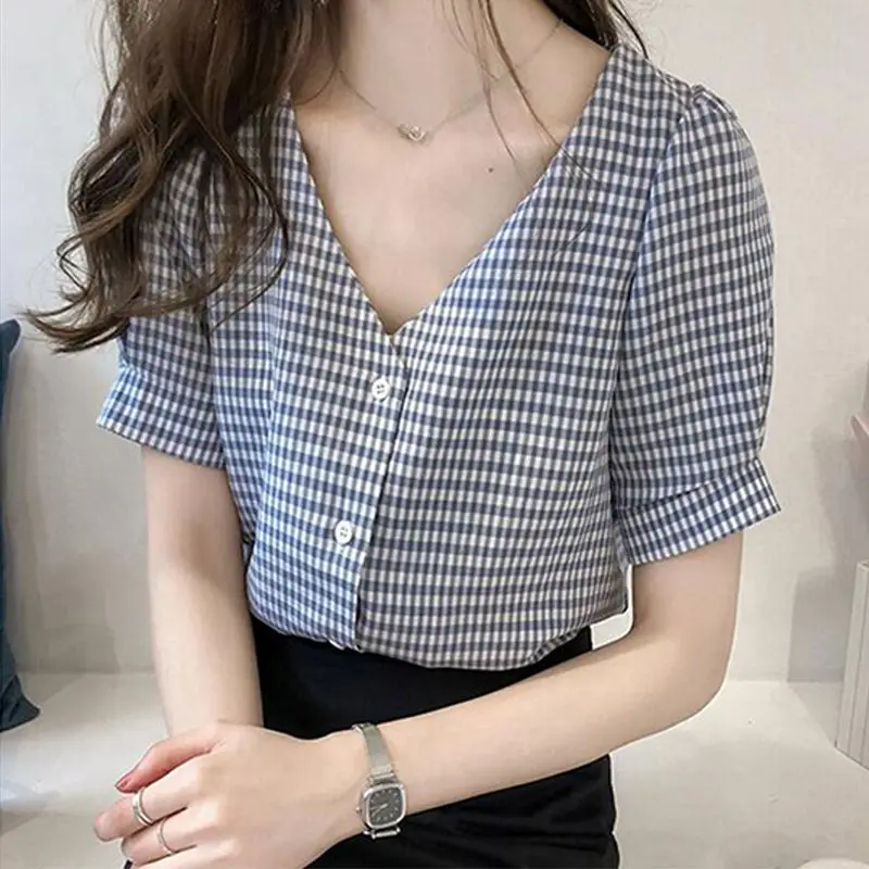 Hot 2019 V-hals Vrouwen \'s Shirts blusas mujer de moda Vrouwelijke Blouse Shirt Korte Mouw Plaid Casual Blusa feminina Lady Kleding