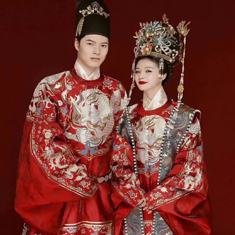 Ming Dynasty Delicate Embroidery Dragon Couple Wedding Set Traditional Chinese Costume Red Bride Groom Outfits Drama Photography