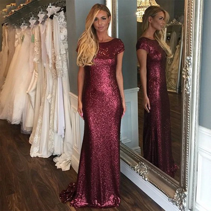 

wei yin Mermaid Style Long Prom Dress Short Sleeves Sparkle Sequins Formal Evening Party Dresses Elegant Burgundy Prom Gowns