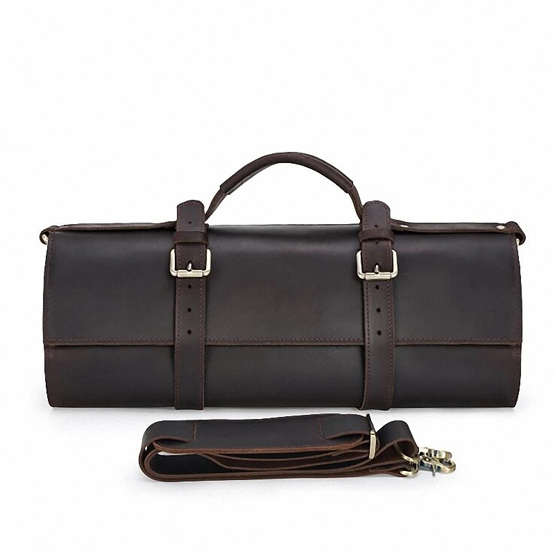 Men Crazy Horse Genuine Leather Knife Roll Storage Bag Travel-Friendly Men Shoulder Bag Chef Knife Case Roll