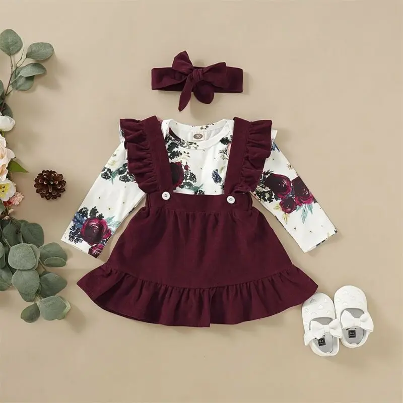 SUNSIOM Newborn Toddler Kids Baby Girls Clothes Floral print Bodysuit Bow Headband Strap Button Solid Skirts 2pc Outfit