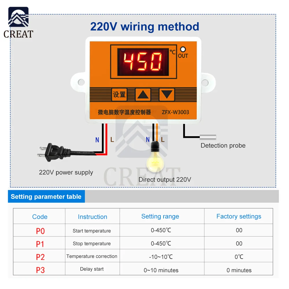 W3003 Digital Control Temperature 0-450 Degree Microcomputer Thermostat Switch Thermometer New Thermoregulator 12/24/220V