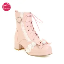 Atautunno inverno giapponese Lolita stivali dolce fiocco in pizzo scarpe principessa rosa Kawaii peluche palla dolce a forma di cuore fibbia Plus Size 34-48