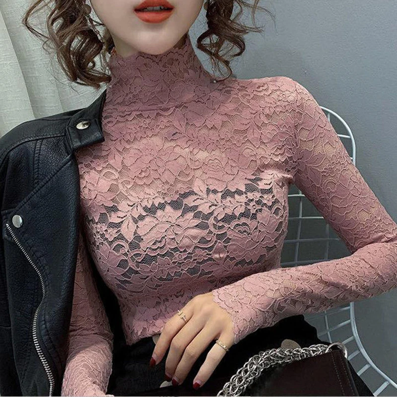 Lace Turtleneck Long Sleeve T-Shirt Female Thin Black See Through Rose Solid Blouses Tulle Gauze Fall Clothes Tops Women