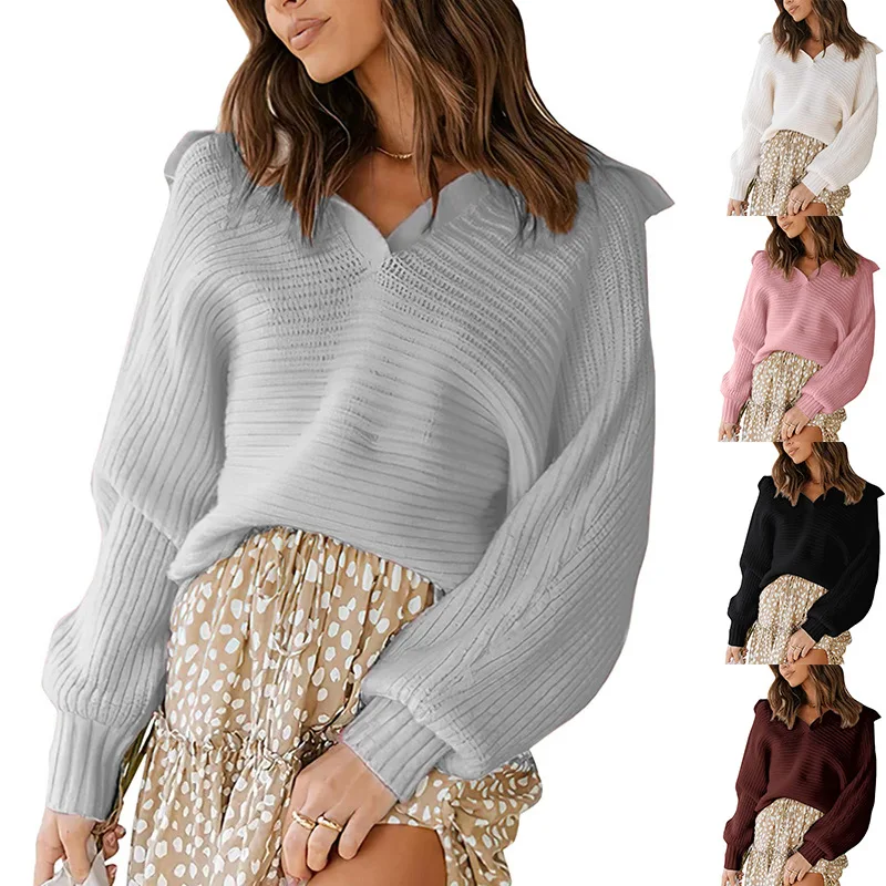 

Sweater loose solid color European and American long-sleeved knitted sweater fashion V-neck sweater