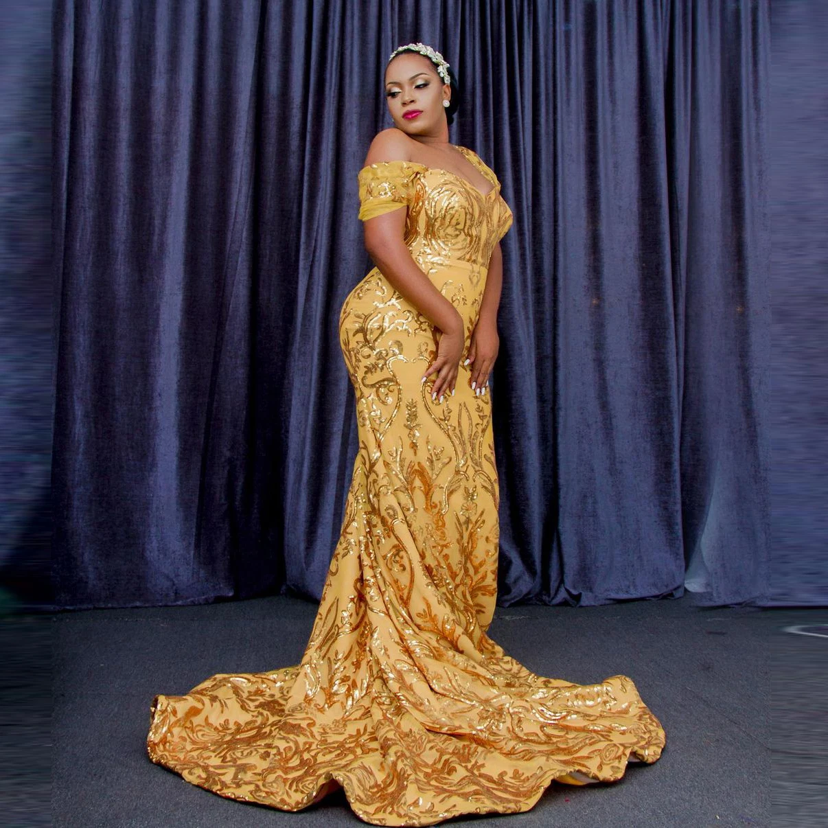 Aso Ebi – robe de soirée de forme sirène, grande taille, longue, en paillettes africaines, avec des Appliques en dentelle, épaules nues brillantes