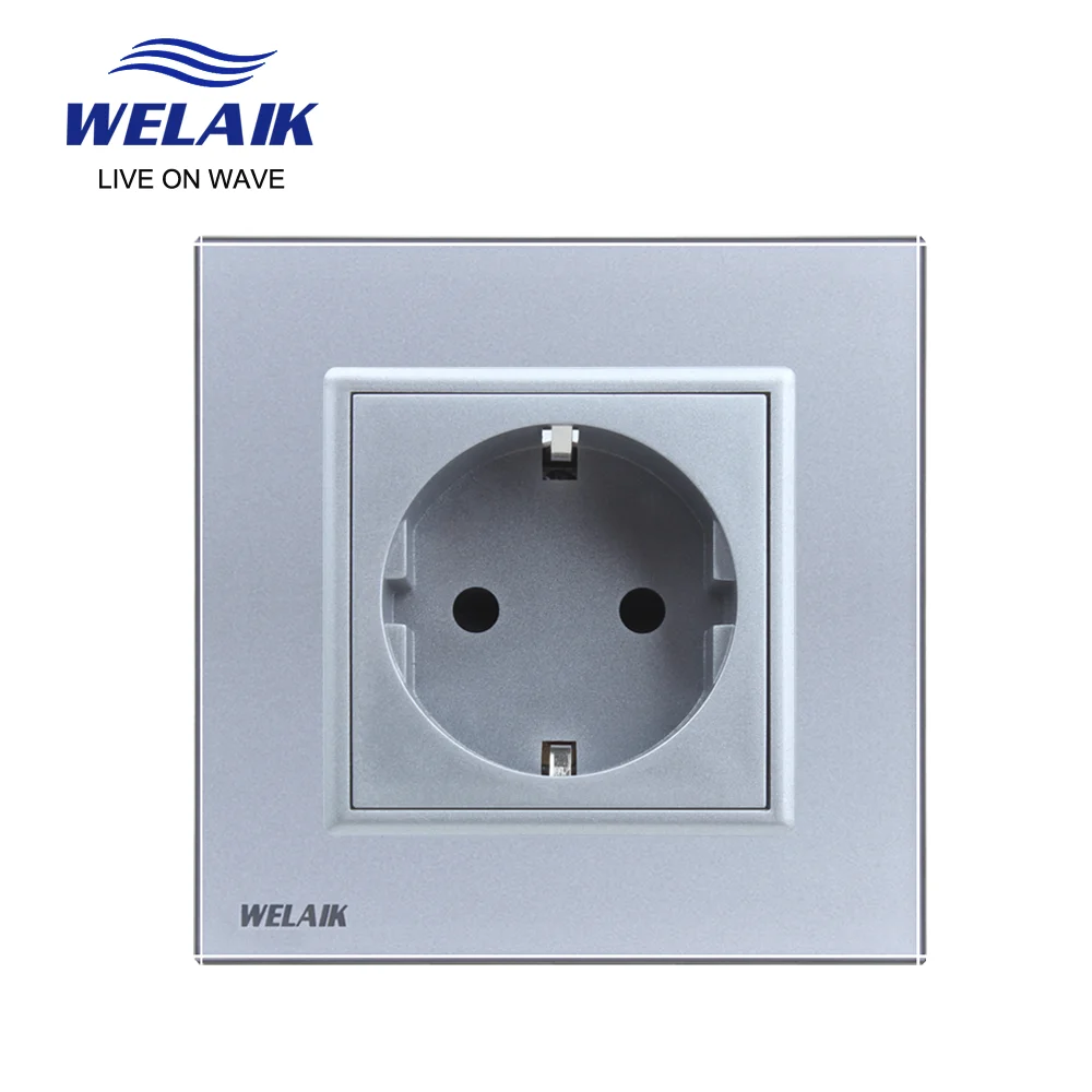 WELAIK EU 16A European Standard 80*80mm Russia Germany Spain Gray Glass Panel Baby Safety Wall Power Socket Outlet 220V   A18ES