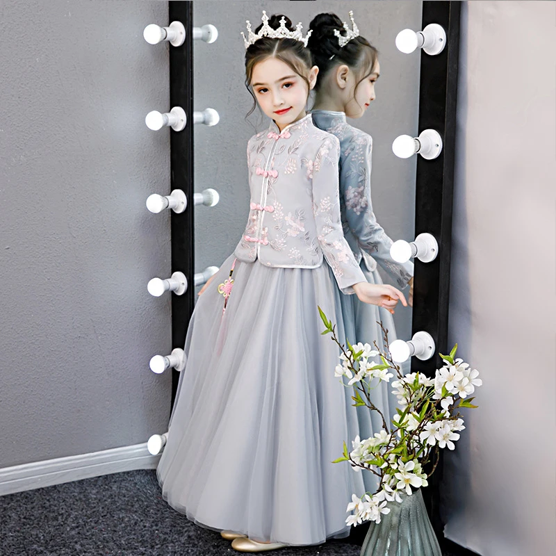 Grau Kind Prinzessin Party Durchführung Spitze Stickerei Kleider Geburtstag Mädchen Kleider qipao moderne vestidos de festa chinos