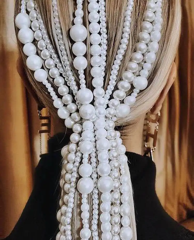 Fashion trend pearl tassel wig chain hip hop rap singer pearl hair chain bride wedding hairpin ladies party accessories