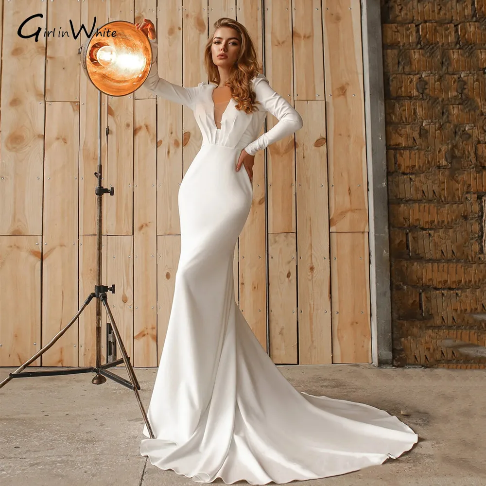 Robe de Mariage Sexy cuello en V profundo vestidos de novia de sirena de satén mangas completas vestidos de novia de boda personalizados tren de corte