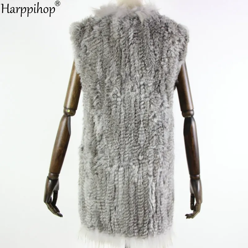 Nouvelle mode lapin fourrure gilet tricot lapin gilet 80 cm de long style pour les femmes col de fourrure de raton laveur garniture fourrure gilet poche décoration