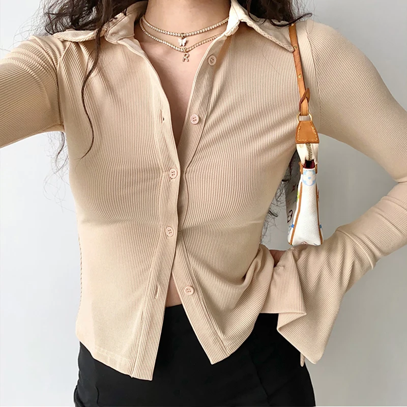 Blouses polo lapel single-breasted flared Collar Solid sleeve shirt Five-color women\'s slim long-sleeve Casual Streetwear top