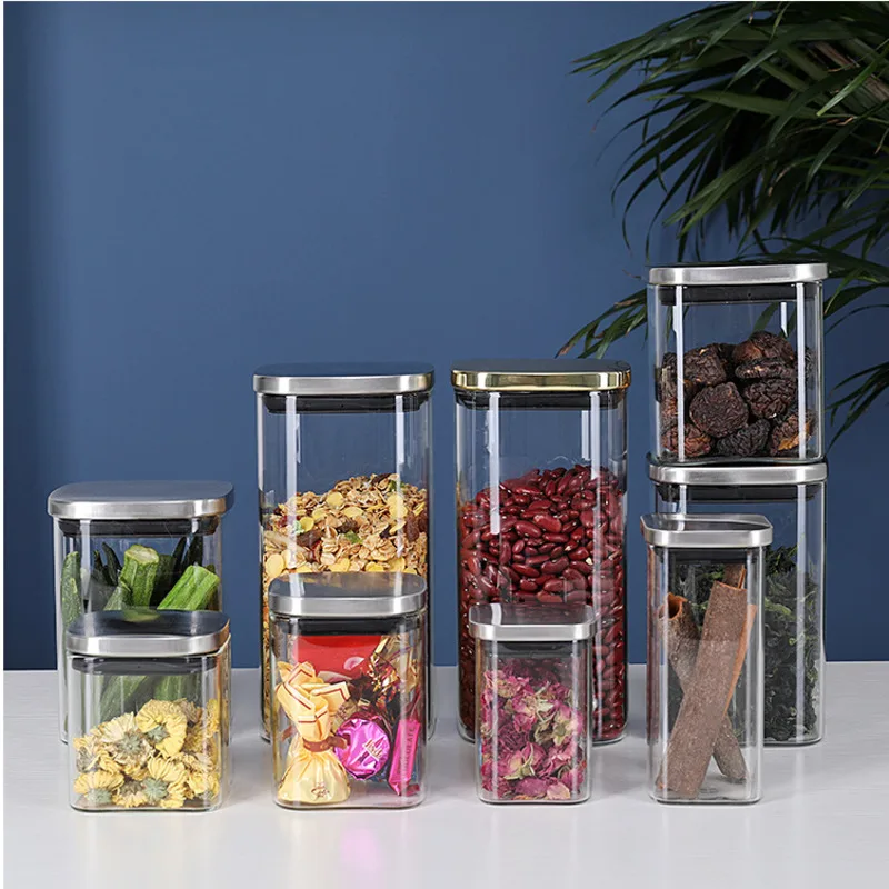 Sealed Glass Jars With Lids For Coffee Storage Can Square Candy Biscuits Pot Kitchen Glass Mason Jar Food Container Bulk Cereals