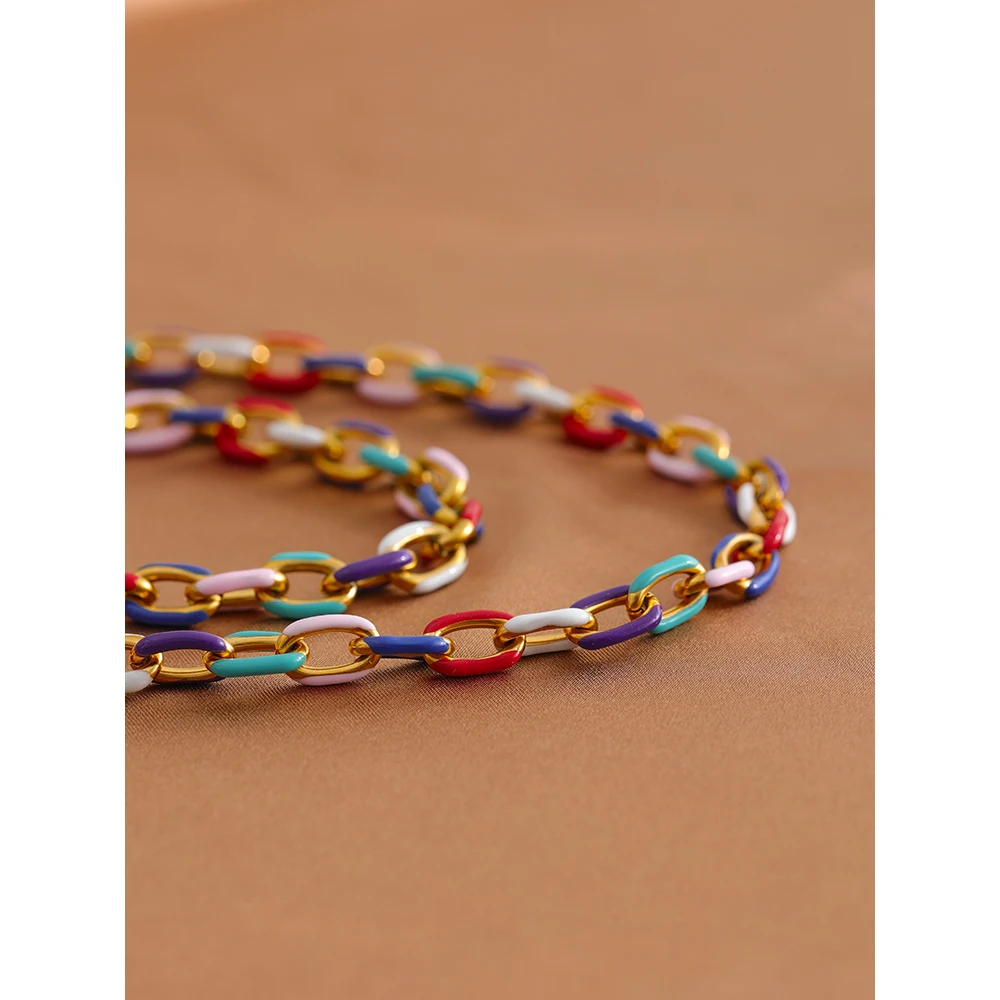 Yhpup Rainbow Enamel Chain Necklace Bracelet Set 316L Stainless Steel 18 K PVD Plated Set Waterproof Jewelry Y2K Party Gift