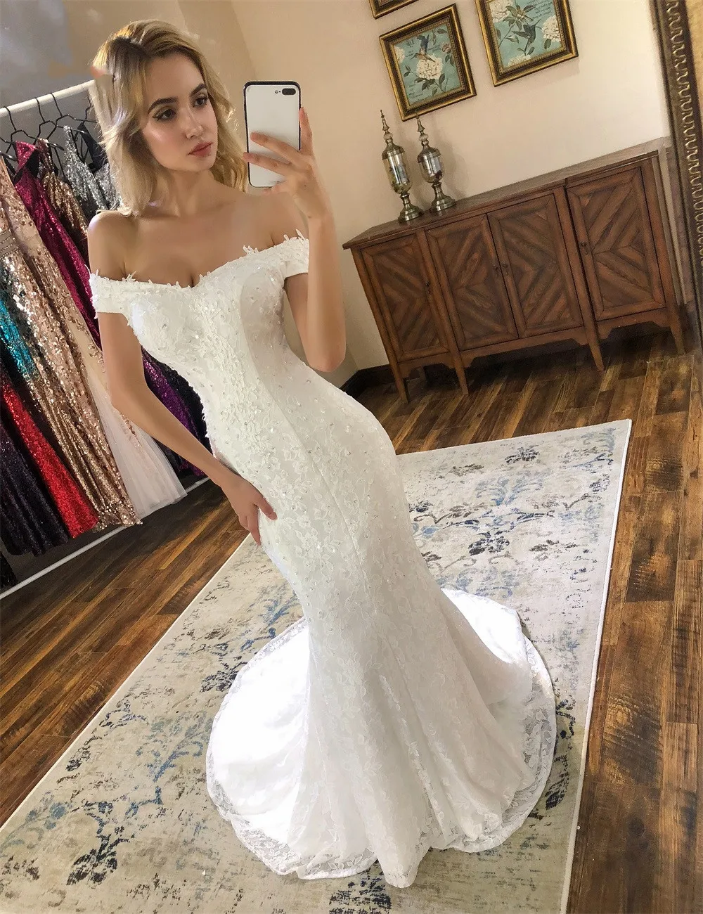 Robe de mariée en dentelle, col bateau, beau, nouveau style