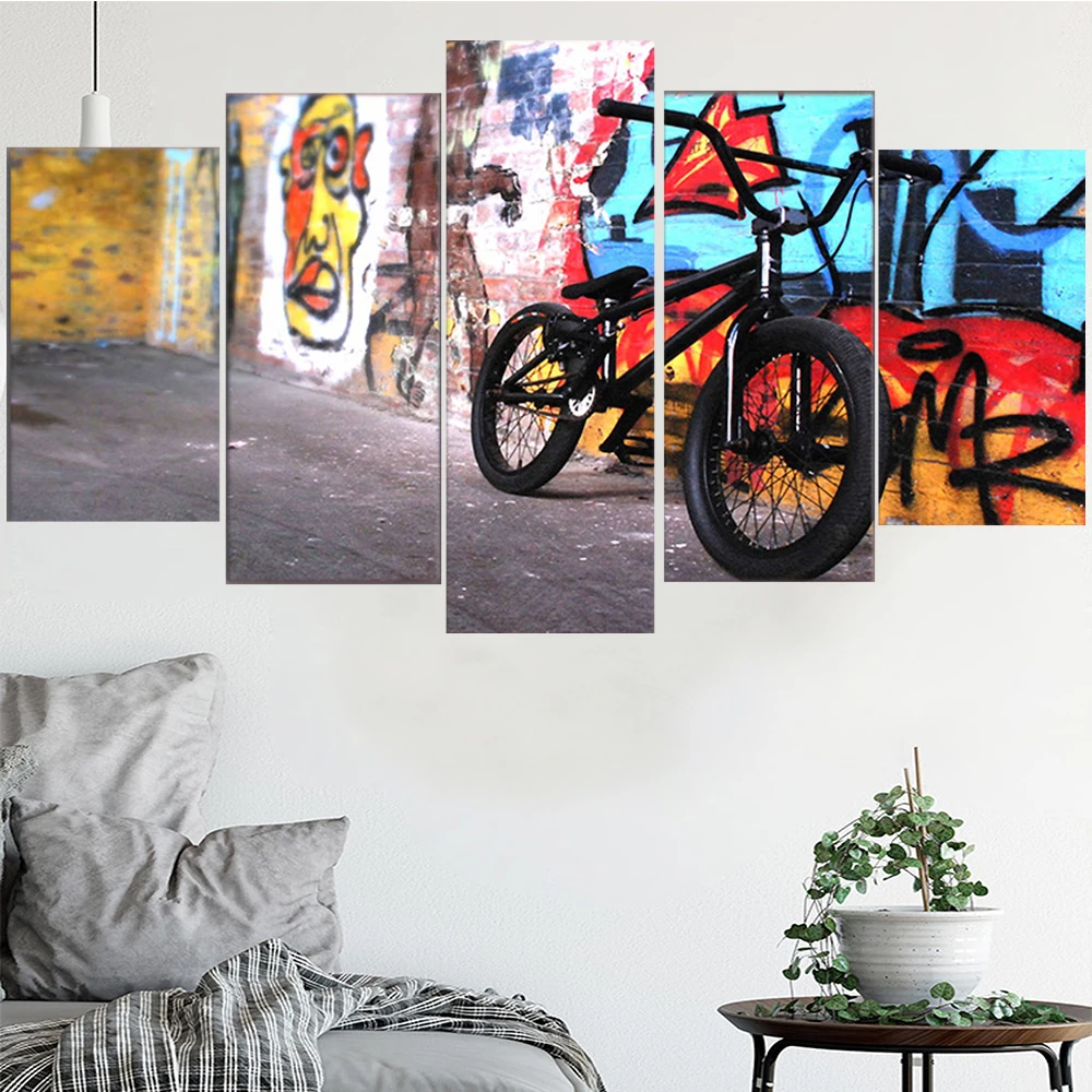 

5 Pieces Wall Art Canvas Painting Graffiti Bicycle Poster Modular Pictures Home Decoration Modern Living Room Free Shipping