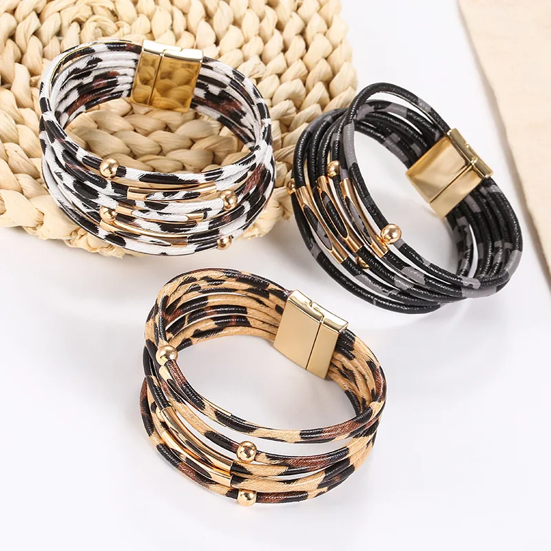 Bracelets en cuir léopard pour femmes, bracelets multicouches élégants, bracelet rond large, bijoux de déclaration, nouvelle mode, 2019