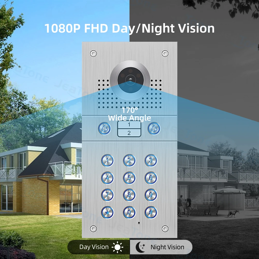 Jeatone-Panneau d'appel vidéo pour 2 appartements, interphone en acier inoxydable, champ de vision large à 170 °, détection de mouvement, FHD, 2 boutons