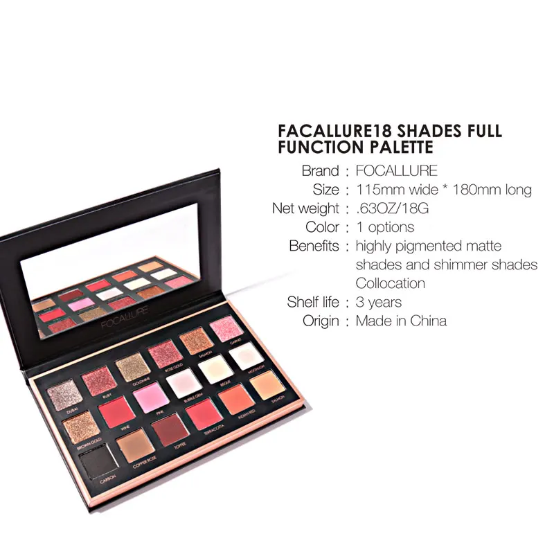 FOCALLURE 18 Farben Lidschatten Palette Matte Glitter Schimmer Metallic Leucht Satin Nude Natürliche Lidschatten Make-Up Palette