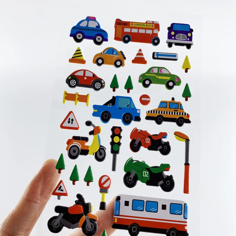 3 Sheets/Set Kids 3D Cartoon Transportation Cars Train Plane Stickers for Boys DIY Bubble PVC Scrapbook Sticker Learning Toys