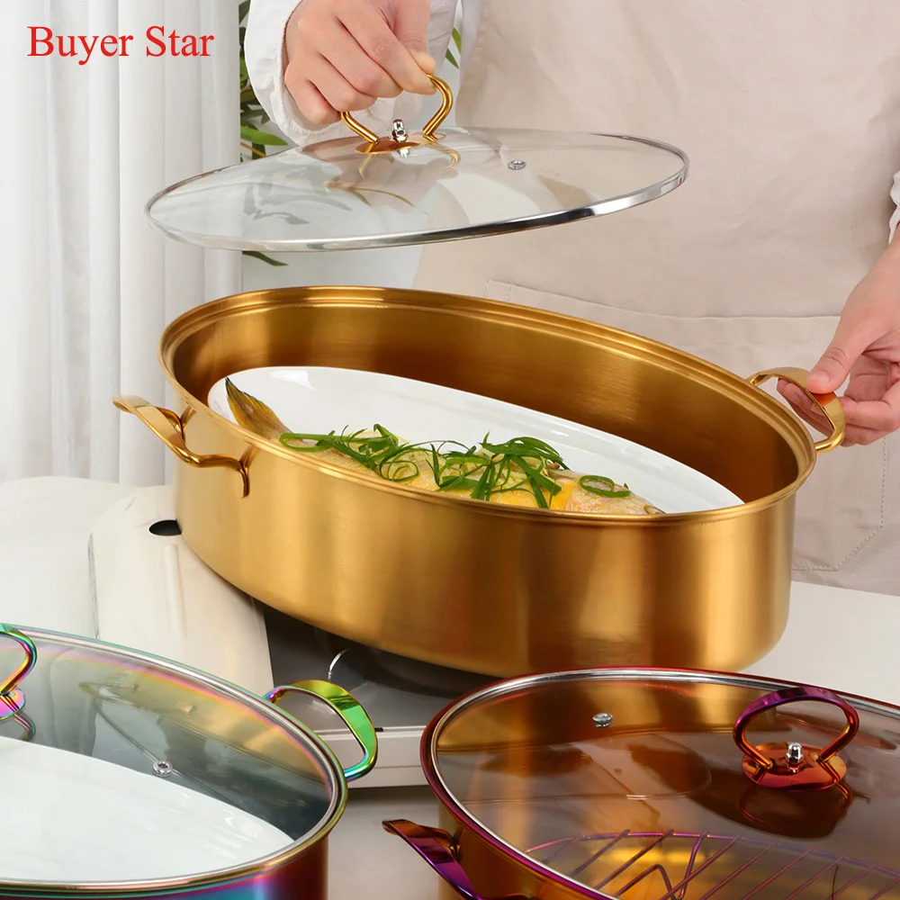 

Kitchen Cooking Stainless Steel Multi-Use Oval Korean Soup Pot Steamed Food Fish Pot Roaster with Rack Ceramic Plate Cookware