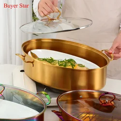 Kitchen Cooking Stainless Steel Multi-Use Oval Korean Soup Pot Steamed Food Fish Pot Roaster with Rack Ceramic Plate Cookware