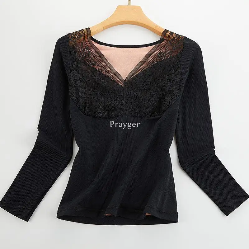 Women Fleece Thermal Underwear Lace Winter Tops Warm Slim Body Clothes Long Sleeves