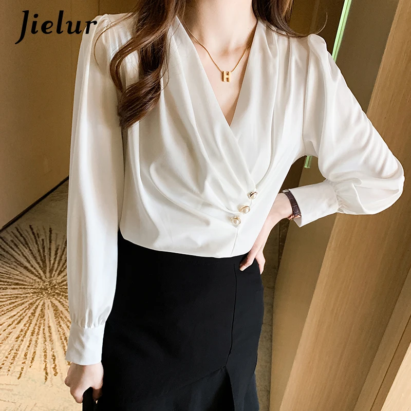 Jielur White Elegant V-neck Long Sleeve Women Shirts Fashion Office Ladies Red Tops Casual Solid Color Buttons Attractive Blouse