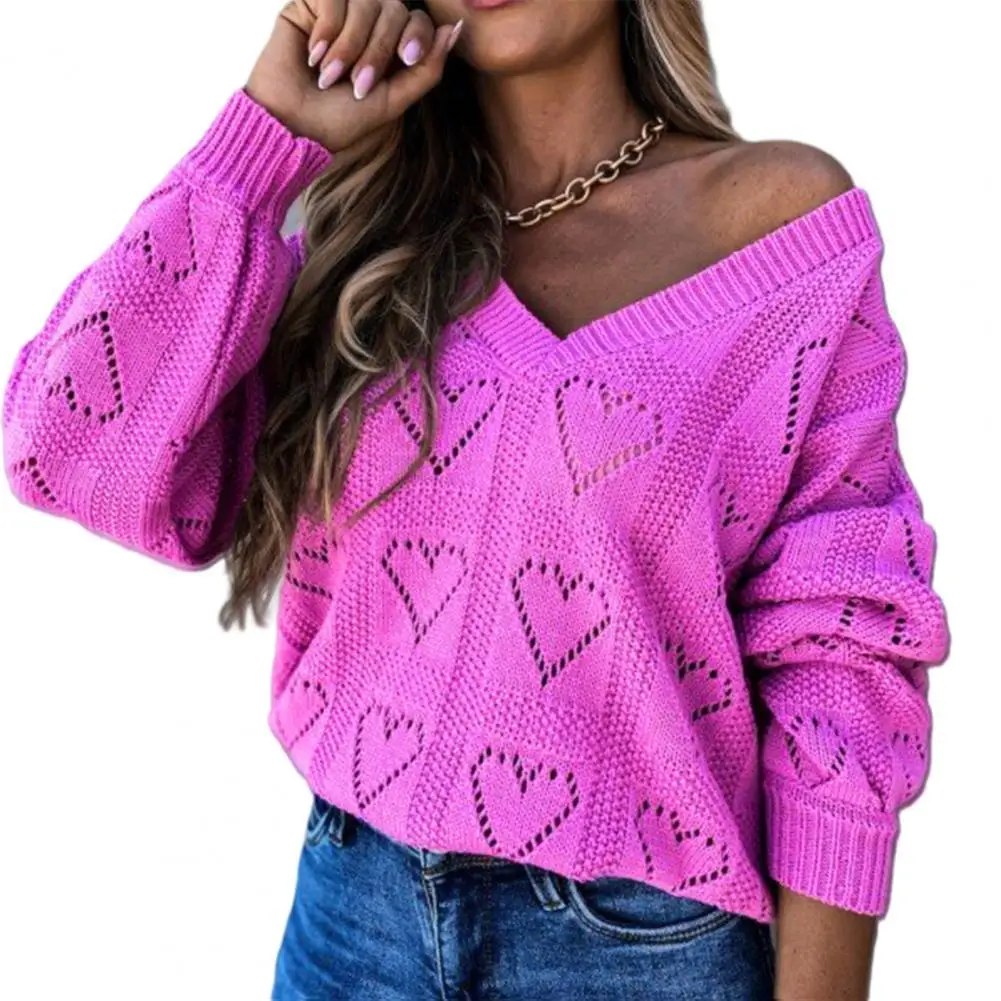 V-Neck Pullover Sweater Women Autumn Winter Love Heart Hollow Crochet Sweater Print Loose Knitwear Jumper Women's Clothing