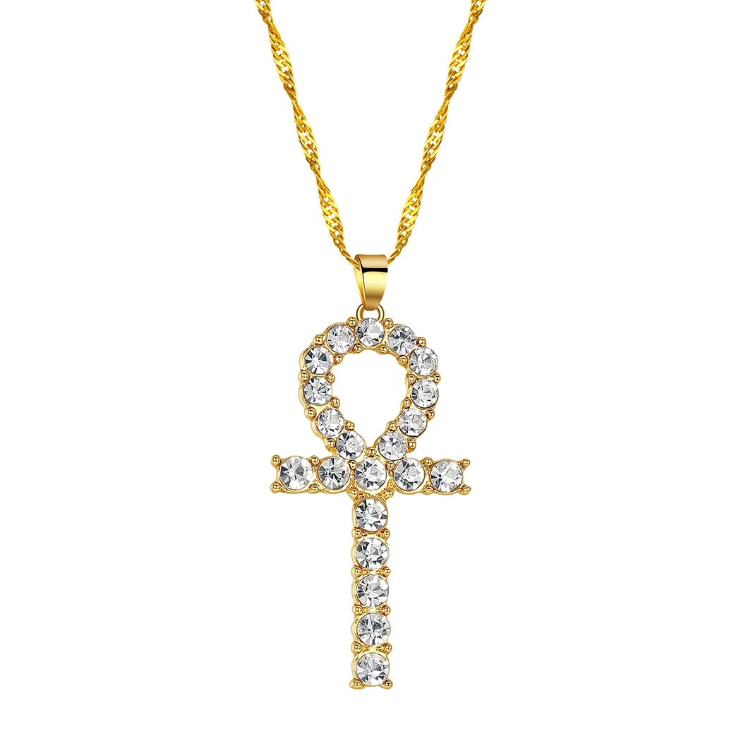 QIMING Amulet Ankh Cross Pendant Necklace Women Men CZ Crystal Egyptian Key Of Life Pendant Necklace Religious Jewelry