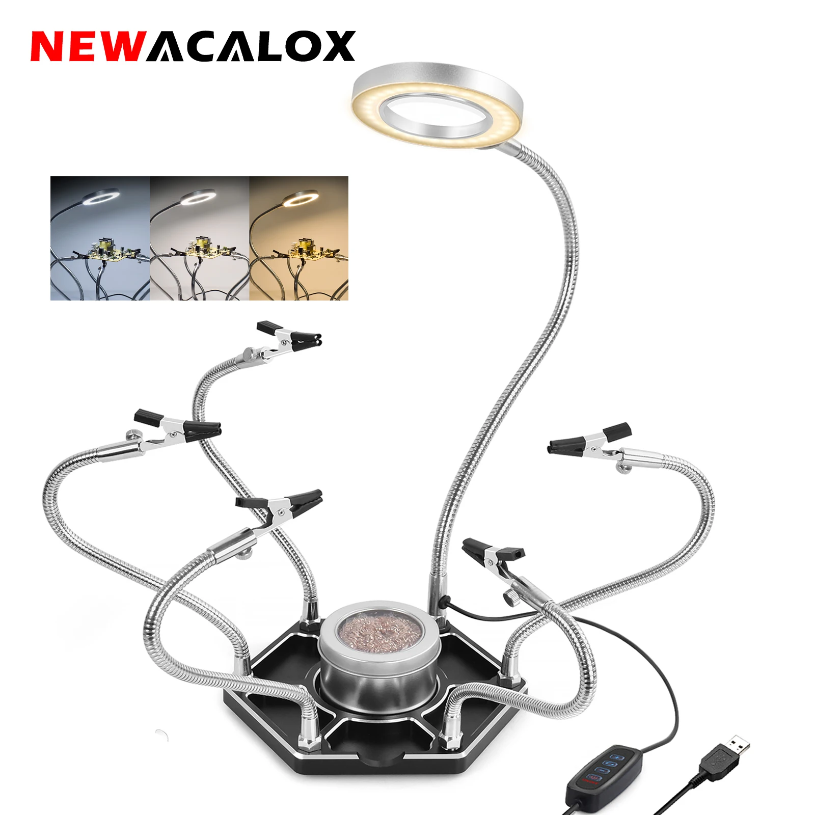 

NEWACALOX Soldering Helping Hands 3X Magnifier 6PCS Flexible Arms PCB Holder USB LED Lamp 3 Colors Welding Stand Repairing Tool