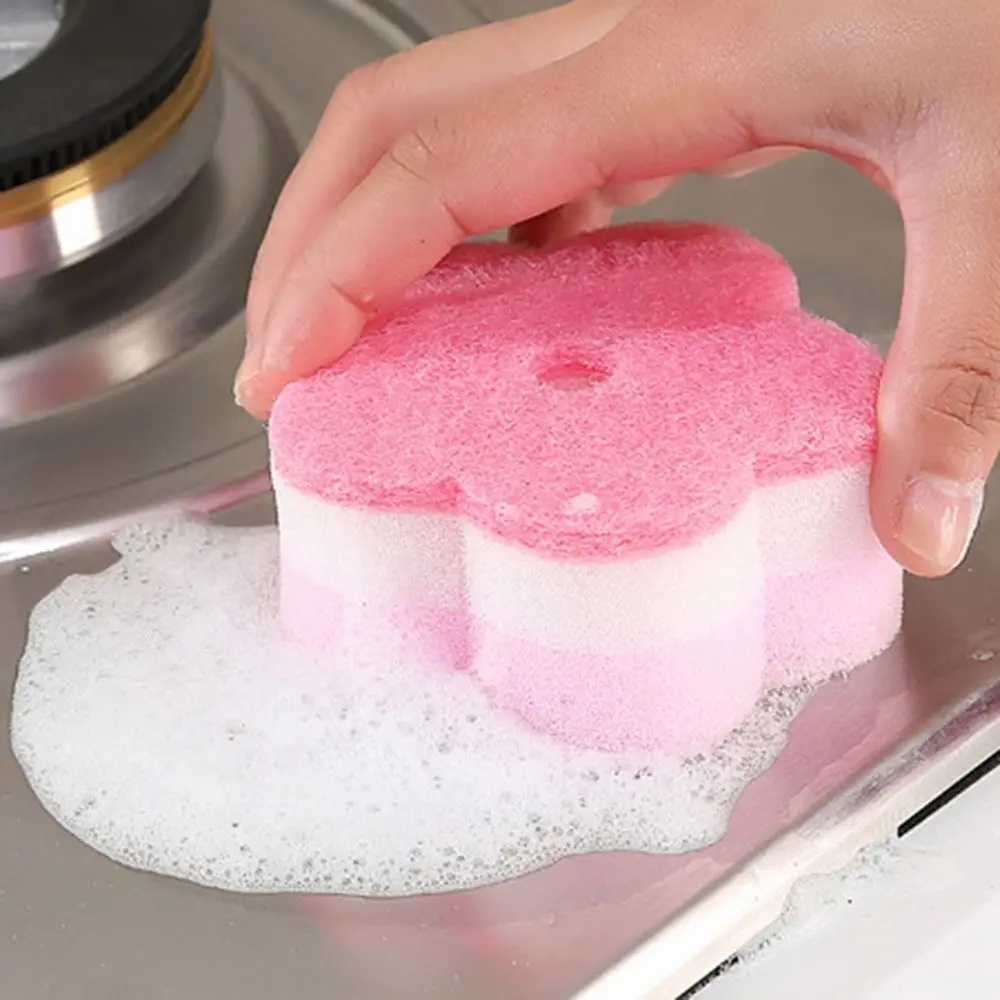 Practical Sponges Scouring Pads Flower Shape Sponge Brush Tableware Glass Wash Dishes Kitchen Cleaning Tool Random Color