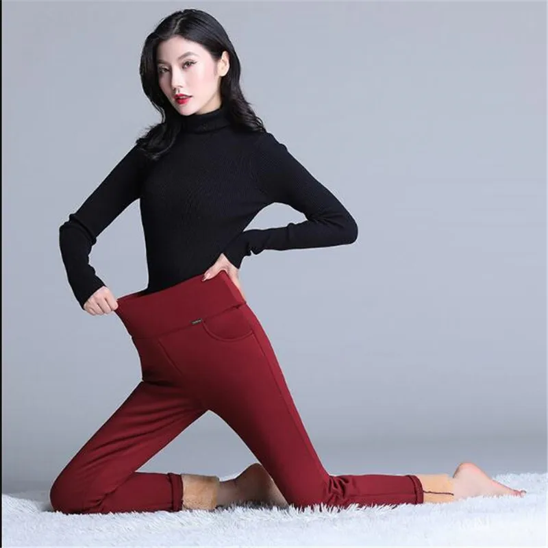 Women Office Lady Thick Lambskin Cashmere Pants Slim Elegant Winter Warm Pencil Pants High Waist Stretch Thickening Leggings