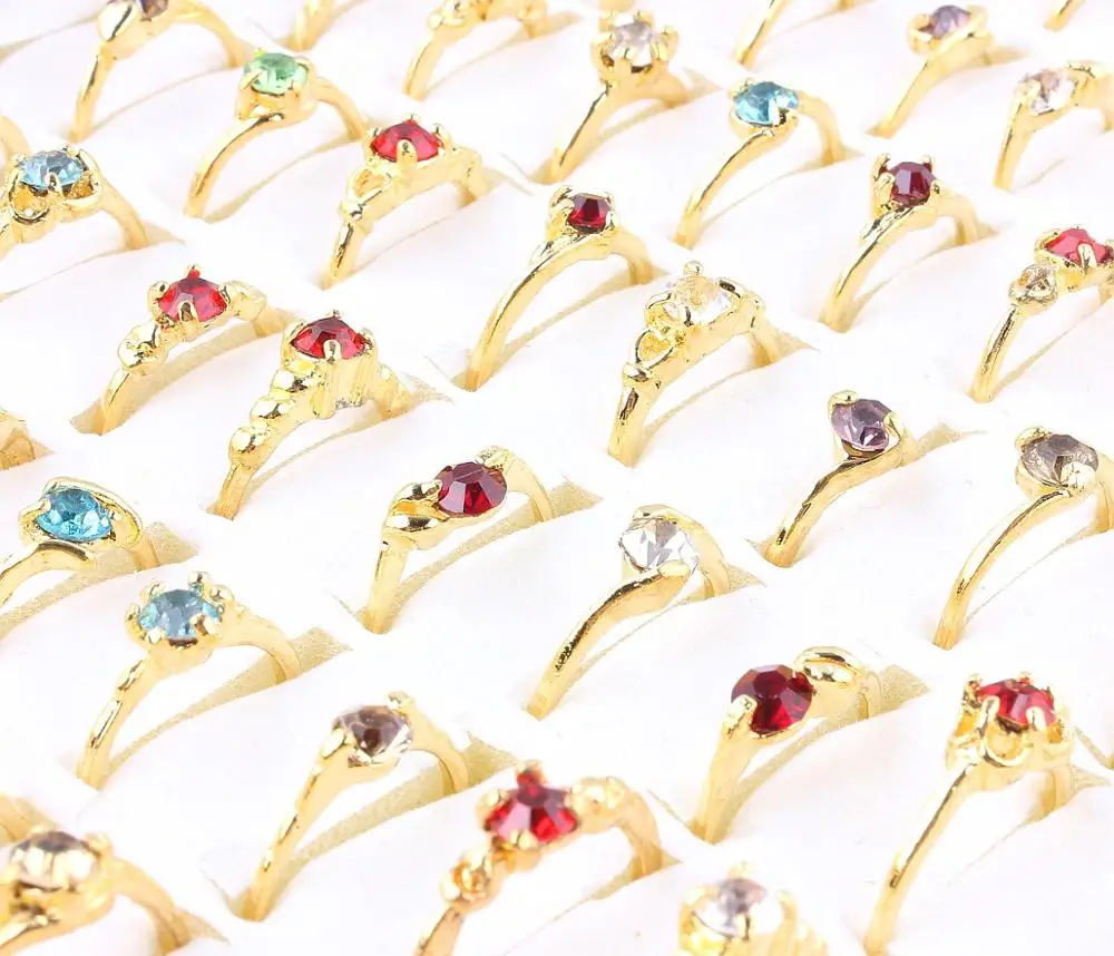 Wholesale Lots Job 20Pcs Crystal Rhinestone Gold Color Women Ring Engagement Wedding Party Gift Fashion Jewelry Free