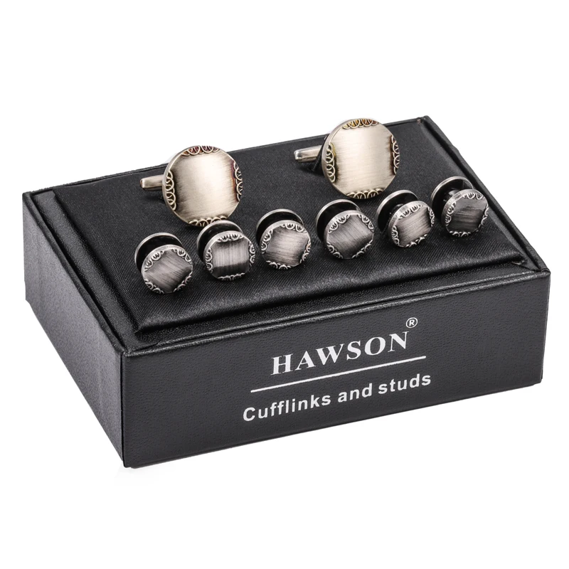 New Ancient Silver Color Cufflink and Studs for Men Metal Cuff Links Set Marked with Five Rings Tuxedo Jewelry with HAWSON LOGO