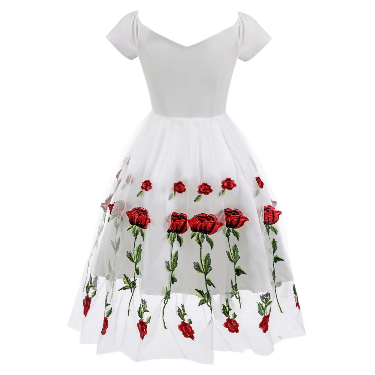 2023 Rose Flower Embroidery Women Party Dress V Neck Elegant Pleated Mesh Floral Printed White Midi Tunic Vintage Formal Jurken